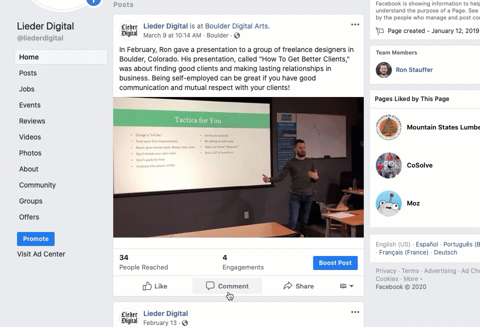 Animated gif showing how to change the Facebook user from a page admin to a personal account before commenting