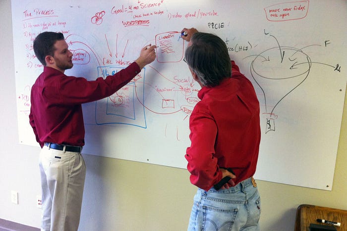 Whiteboard brainstorming sessions with one of my first clients in the early days after I lost my job.